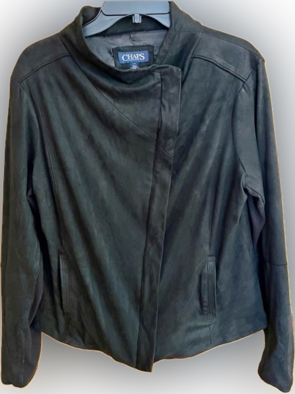 Chaps Black Faux Suede Asymmetric Moto Jacket Womens L Casual Soft Edge 24x23